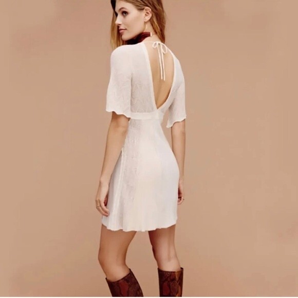 Free People Deep V Knit Ivory/Pink Boho Chic Mini Dress- Size Small - Picture 3 of 8